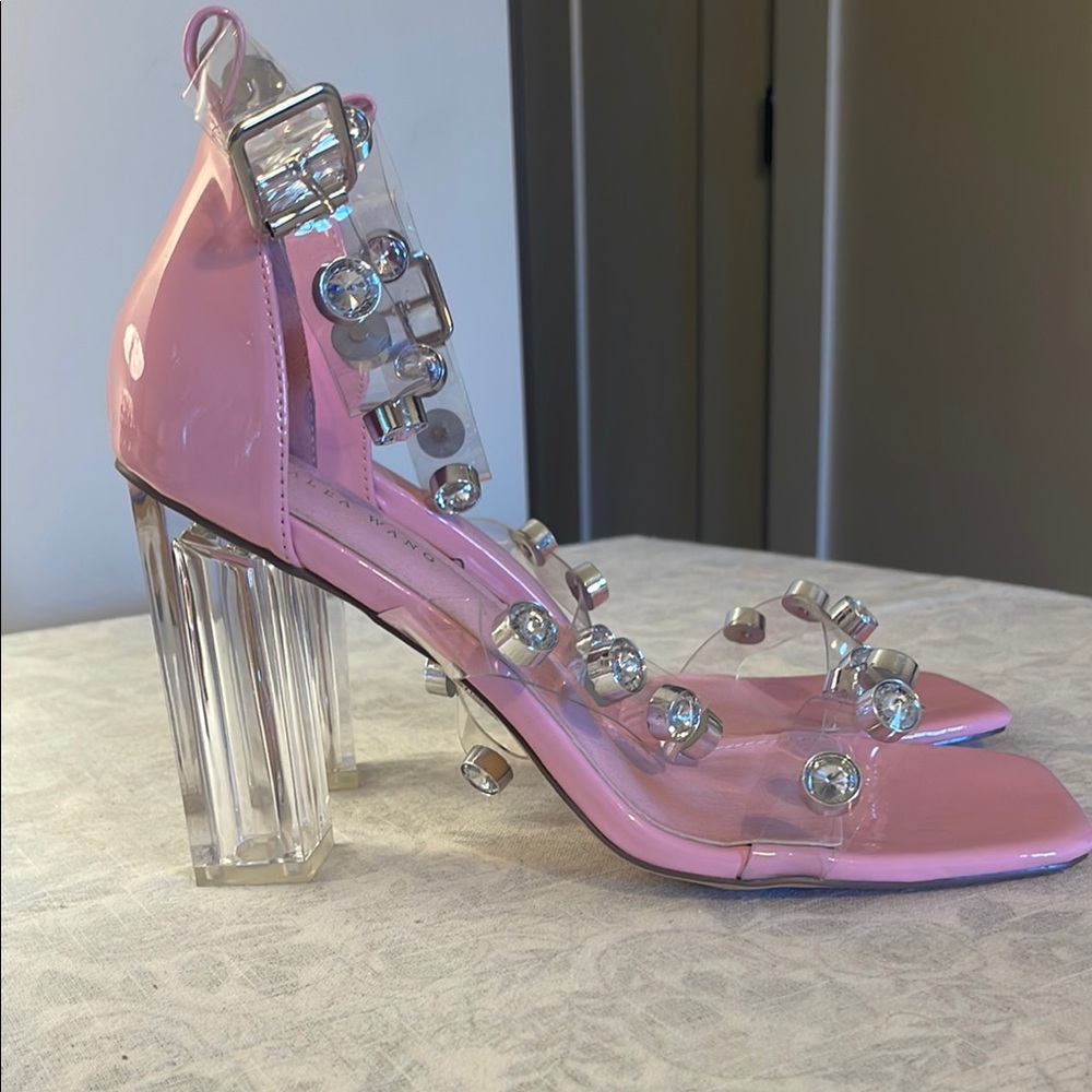 Azalea Wang Stylish Pink Heeled Sandals with Clear Accents